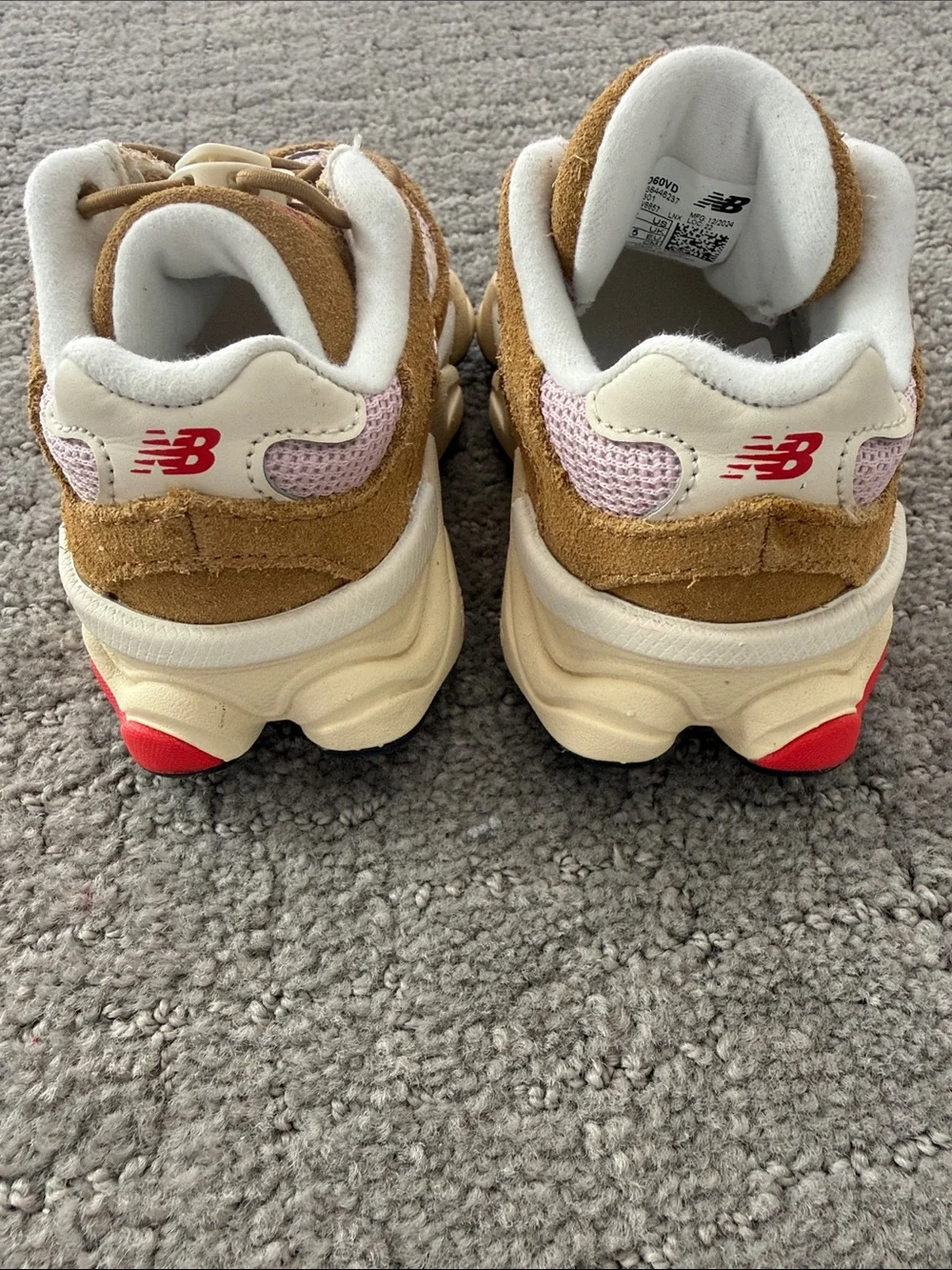 New Balance Kids Tan Suede and Pink Mesh Sneakers with Red N Accents